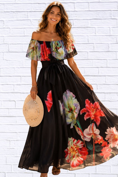 Purple Violet Floral Off-Shoulder Dress