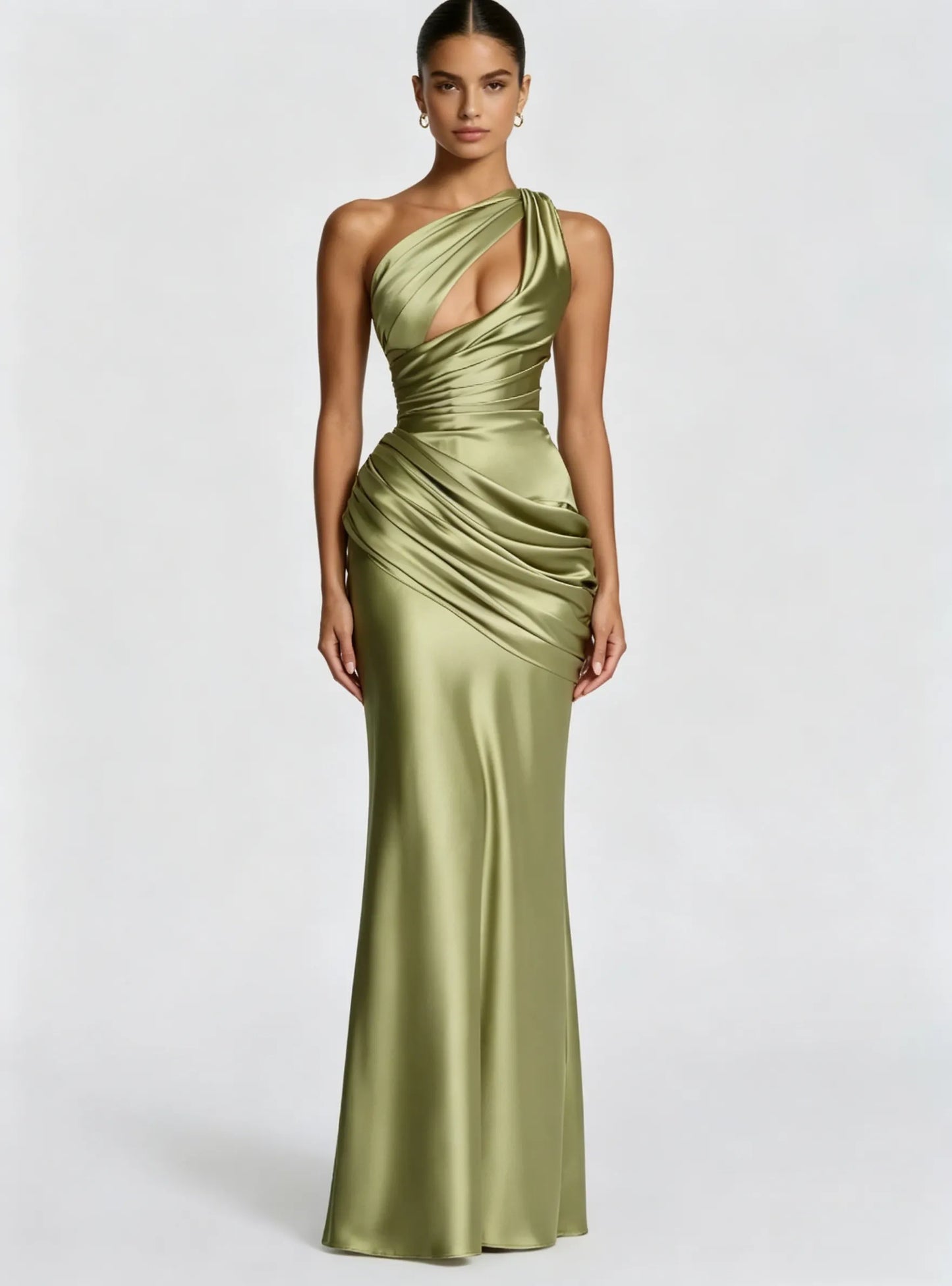 Shoulder Satin Maxi Dress in Light Olive Emina One-Shoulder Satin Maxi Dress