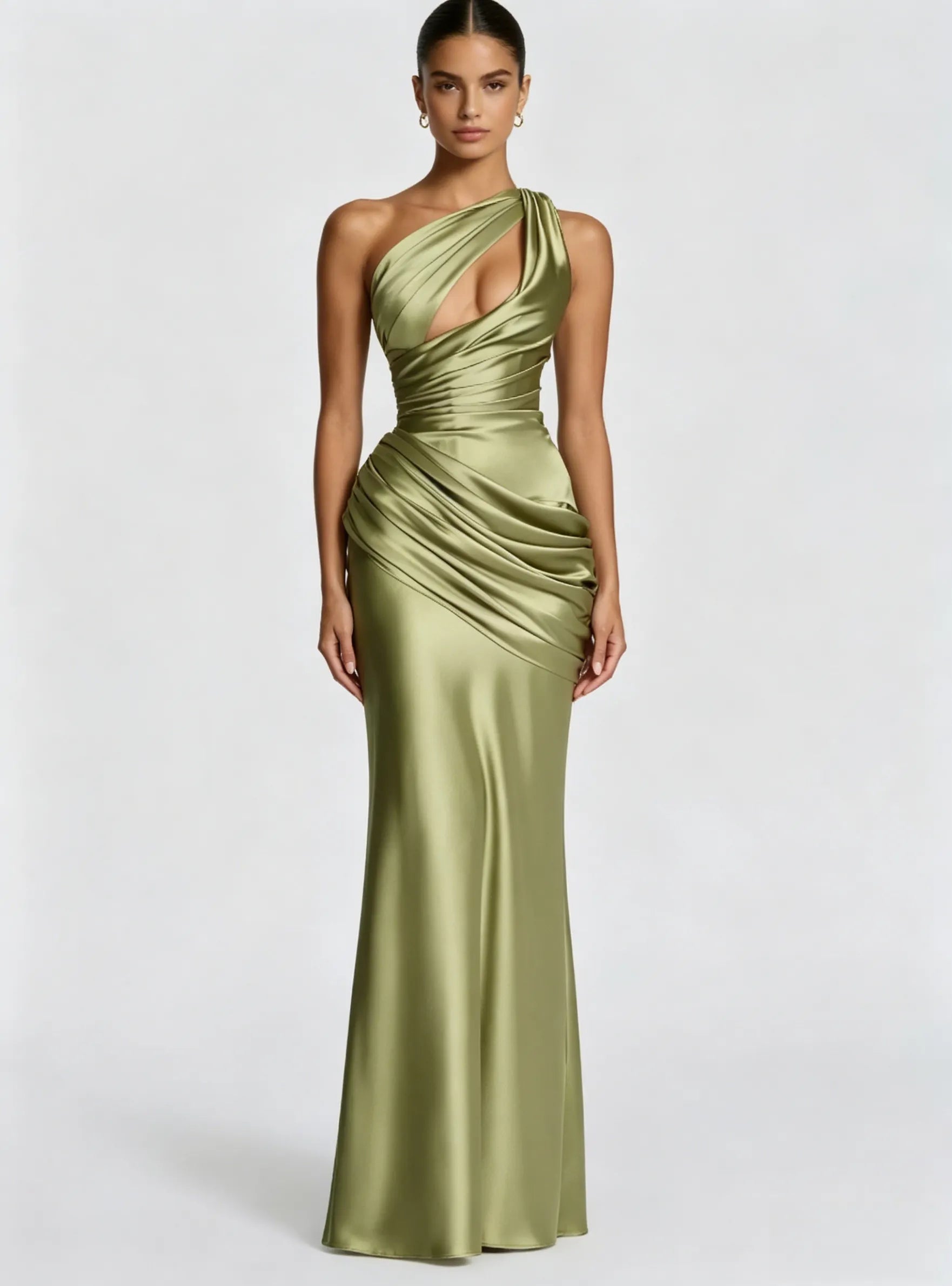Shoulder Satin Maxi Dress in Light Olive Emina One-Shoulder Satin Maxi Dress