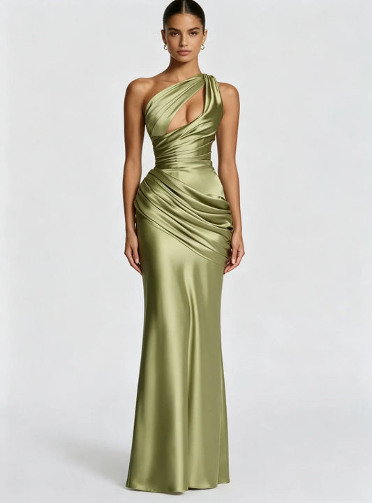 Shoulder Satin Maxi Dress in Light Olive Emina One-Shoulder Satin Maxi Dress
