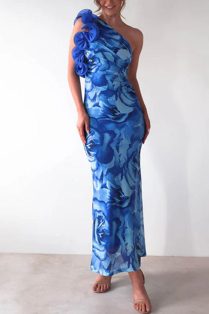 Red Margot Ruffle One-Shoulder Floral Maxi Dress