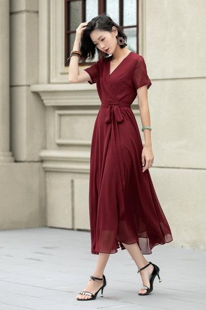 Neck Wrap Style 5222 Burgundy midi fit and flare prom chiffon dress