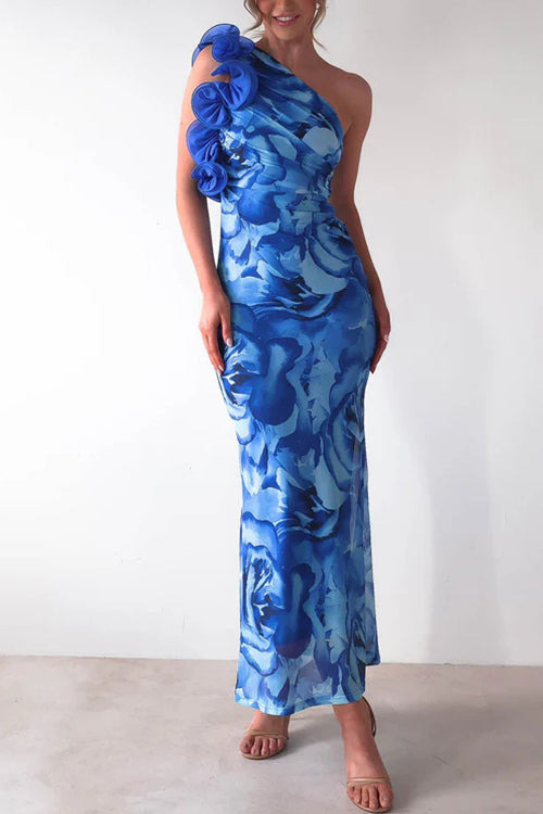 Blue Margot Ruffle One-Shoulder Floral Maxi Dress