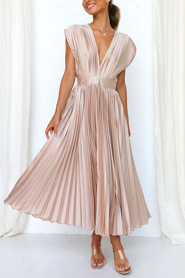 Red Georgiana Satin Pleated Midi Dress