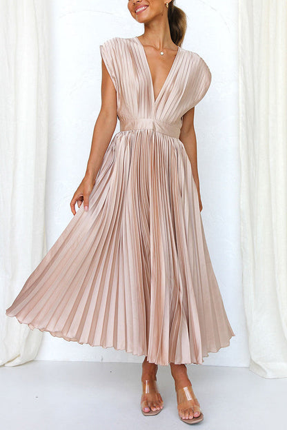 Red Georgiana Satin Pleated Midi Dress