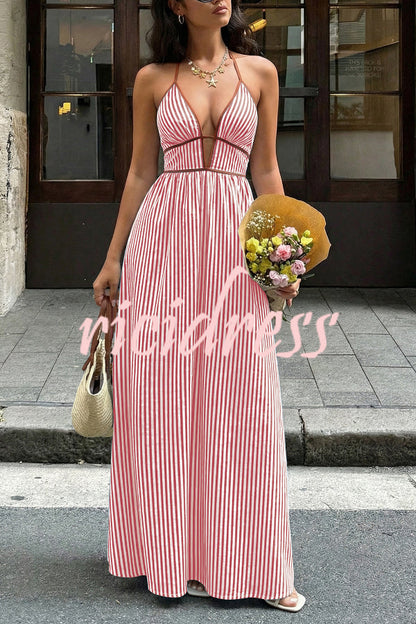 Dark Bule Margot Striped V-Neck Maxi Dress