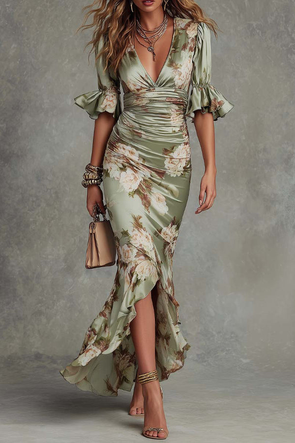 sleeved Fitted Waist Pleated Maxi Dress Floral Print V-neck Ruffled Short-sleeved Fitted Waist Pleated Maxi Dress