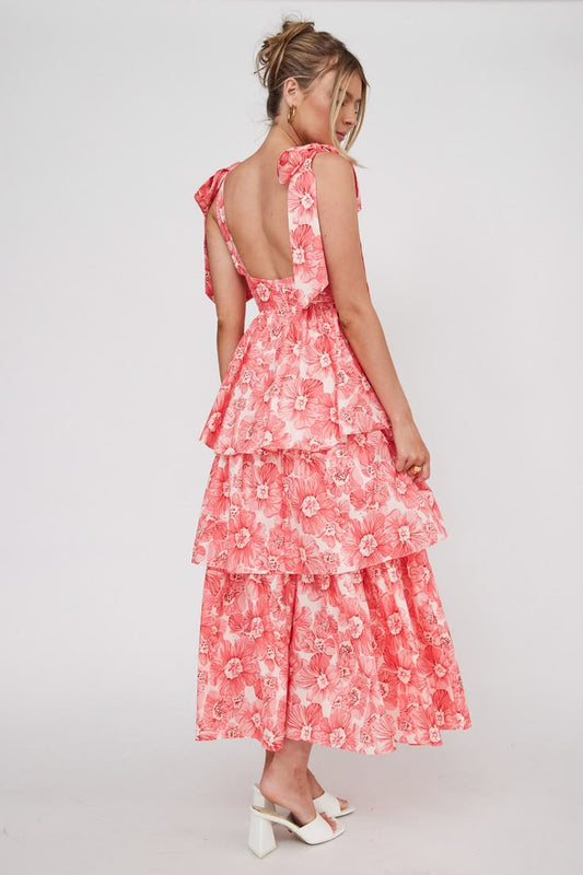 Arlowe Tied Shoulder Tiered Midi Dress Floral Pink - XS