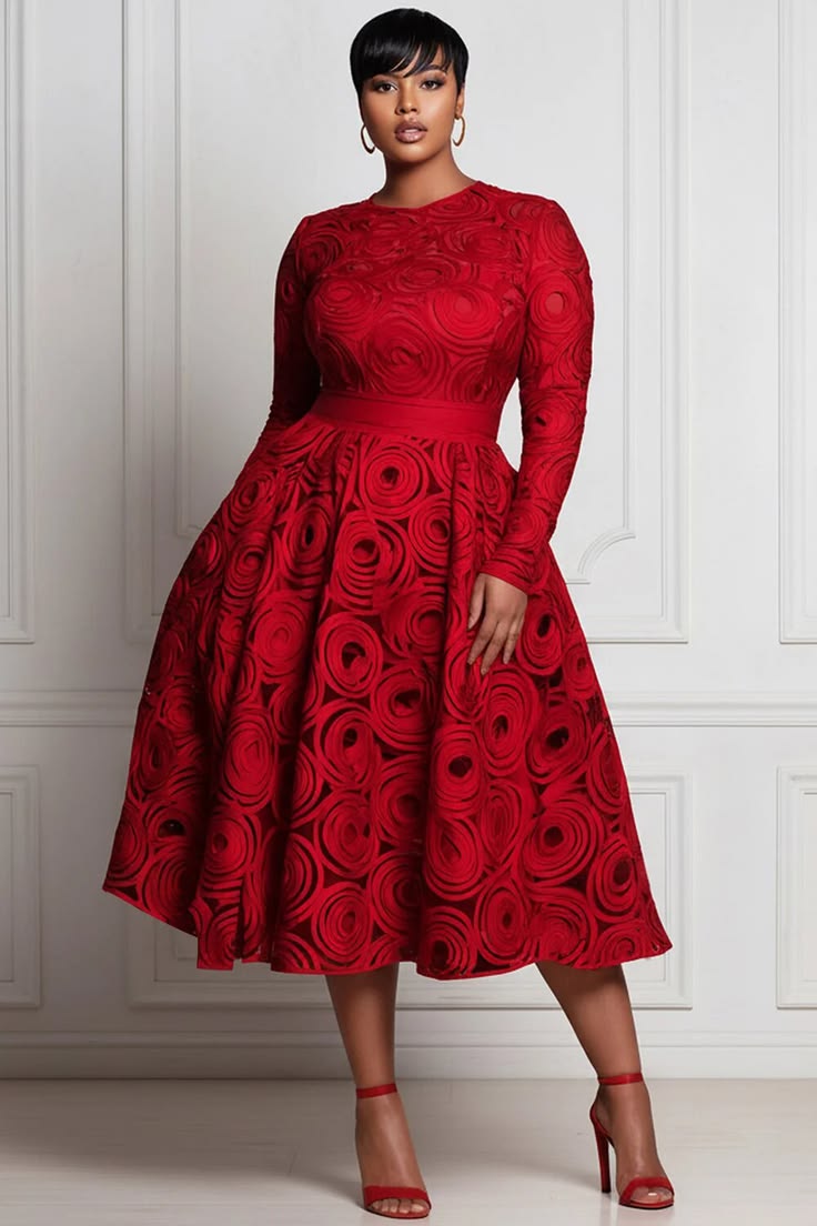 Xpluswear Design Plus Size Valentines Red All Over Print Round Neck Long Sleeve Pocket Elegant Satin Midi Dresses Red-2X