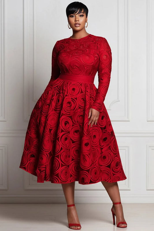 Xpluswear Design Plus Size Valentines Red All Over Print Round Neck Long Sleeve Pocket Elegant Satin Midi Dresses Red-2X