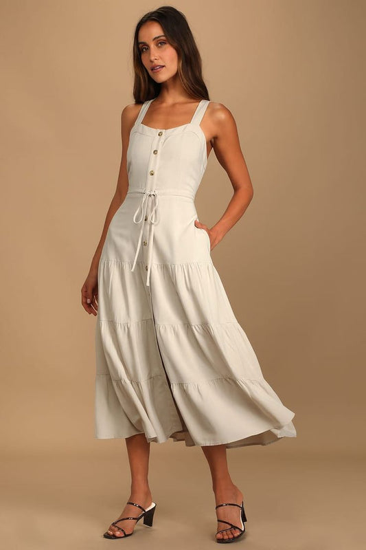Margot Tiered Midi Dress in Beige
