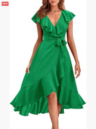 Sleeveless Midi Dress With V-Neck Ruffle Hem Split Front Tie Waist | Color: Green | Size: Various