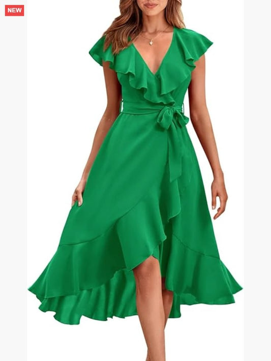 Sleeveless Midi Dress With V-Neck Ruffle Hem Split Front Tie Waist | Color: Green | Size: Various