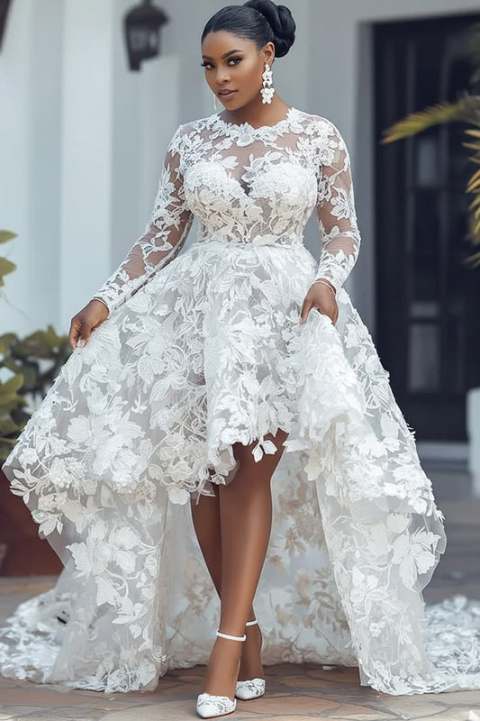 Xpluswear Design Plus Size Wedding White Round Neck Long Sleeve See Through High Low Hem Guipure Lace Midi Dresses