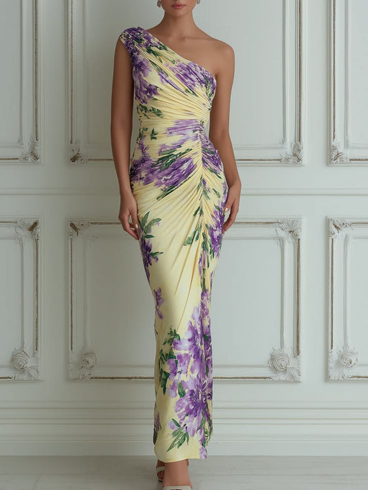 Yellow Purple Floral One-Shoulder Ruched Maxi Dress Yellow-2XL(18)