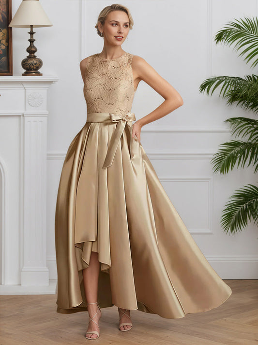 line Sleeveless Cicinia Champagne Satin Lace A-Line Dress