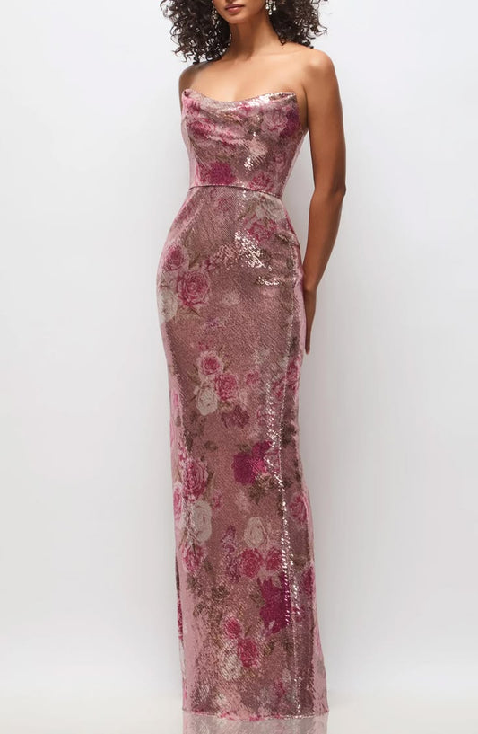 Cassandra Floral Sequin Strapless Gown