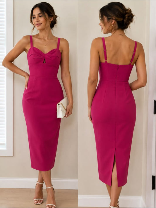 Dress The Population Dresses | Dress The Population Bright Fuchsia Twist-Front Midi Dress Size Xs | Color: Pink | Size: 
