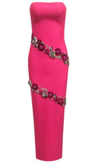 Vivienne Crystal Floral Maxi Dress in Hot Pink