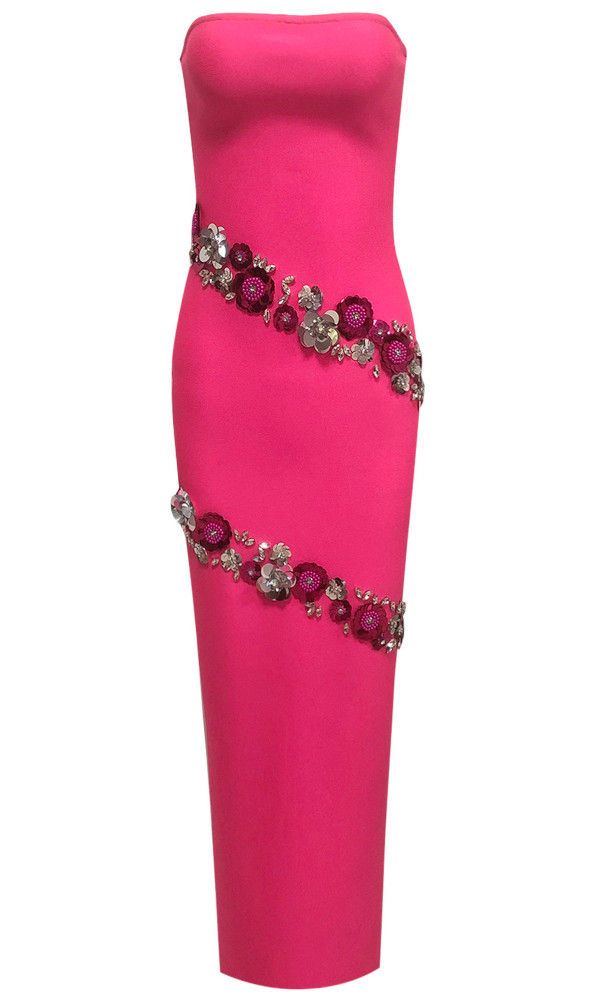 Vivienne Crystal Floral Maxi Dress in Hot Pink