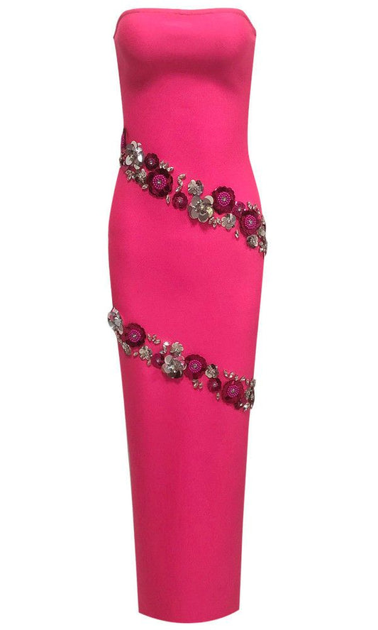 Vivienne Crystal Floral Maxi Dress in Hot Pink