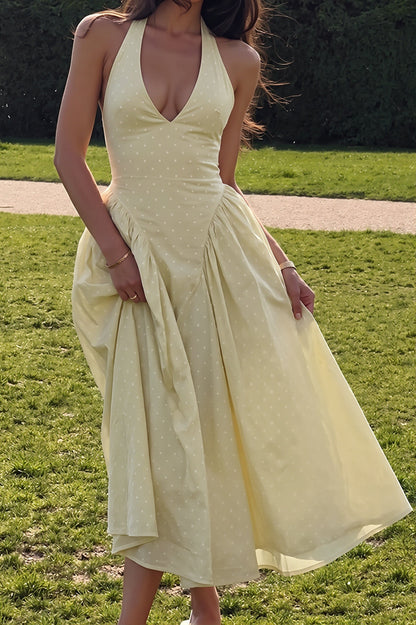 Yellow Vivienne Polka Dot Halter Maxi Dress