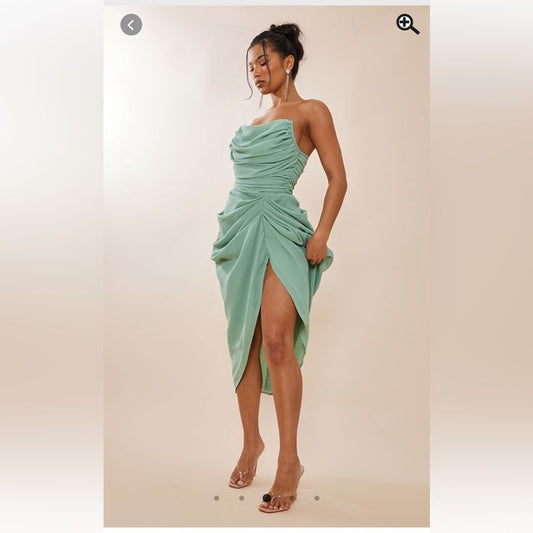 Prettylittlething Dresses | Sage Green Chiffon Corset Bandeau Draped Midi Dress! | Color: Green | Size: 6