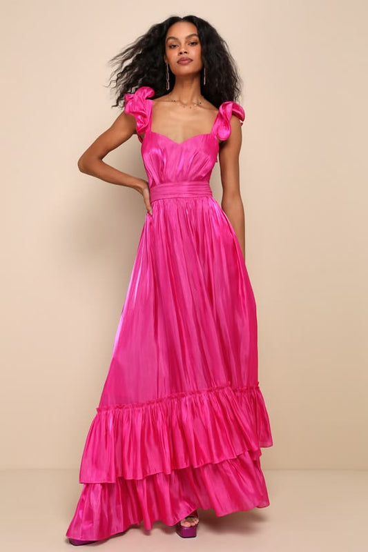 Isadora Ruffled Tie-Back Maxi Dress in Magenta