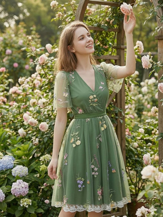 [Pre-Sale] Green 1950s Floral Puff Sleeve Mesh Embroidered Dress - Green / M / 4~6