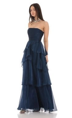 Corset Petal Ruffle Strapless Maxi Dress in Navy