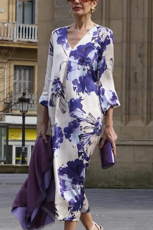 Satin Floral Print V-neck Casual Midi Dress Multicolor-M
