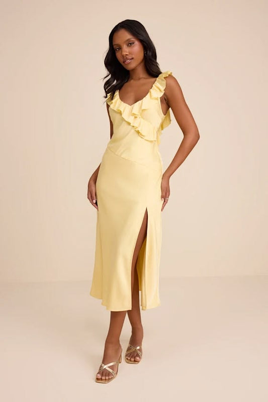 Lenny Pale Yellow Satin Midi Dress