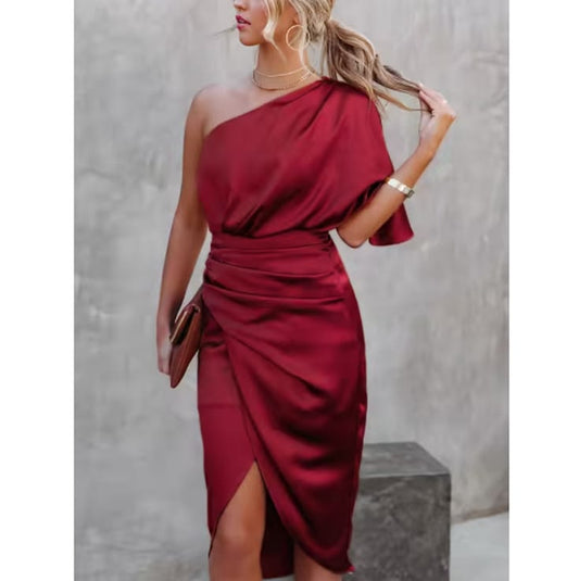 Cupshe Dresses | Cupshe Women's Ramla Burgundy Sheath One-Shoulder Backless Satin Dress Size L | Color: Red | Size: L