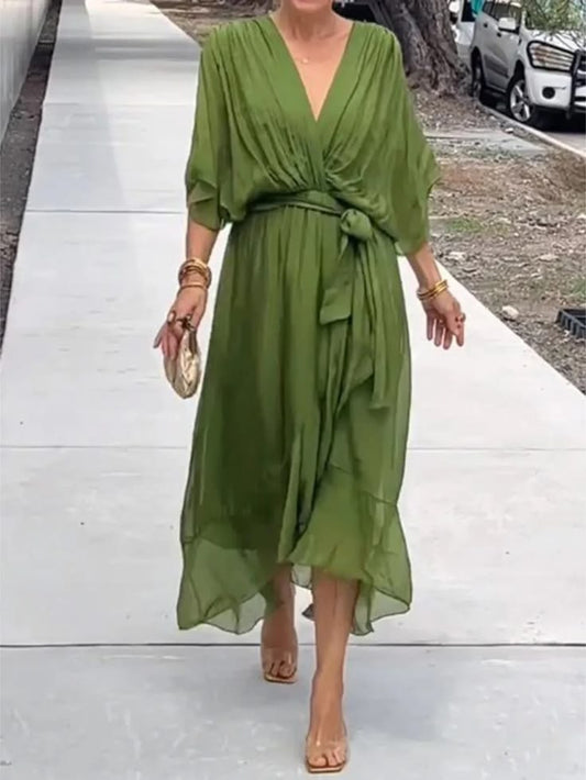 Full Size Flowy Tie Front Midi Dress with Flutter Sleeves Plus Size - Green / XL