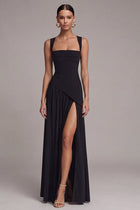 Black Square Neck A Line Long Formal Dress with Slit - Black / US16