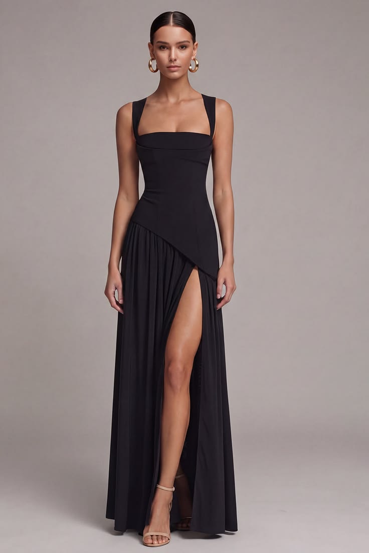 Black Square Neck A Line Long Formal Dress with Slit - Black / US16