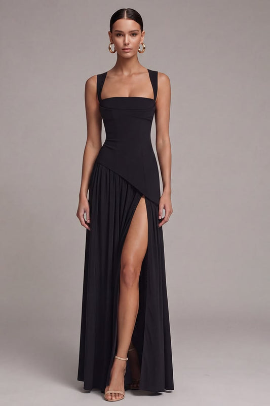 Black Square Neck A Line Long Formal Dress with Slit - Black / US16