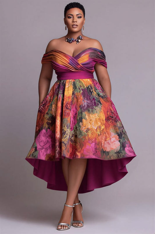 Xpluswear Design Plus Size Wedding Guest Multicolor Floral Off The Shoulder Pocket High Low Hem Satin Midi Dresses [Pre-