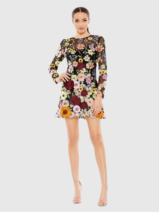 Mac Duggal Dresses | Mac Duggal 68202 Black Floral Embroidered Long Sleeve Mini Dress Sz 2 | Color: Black/Red | Size: 2