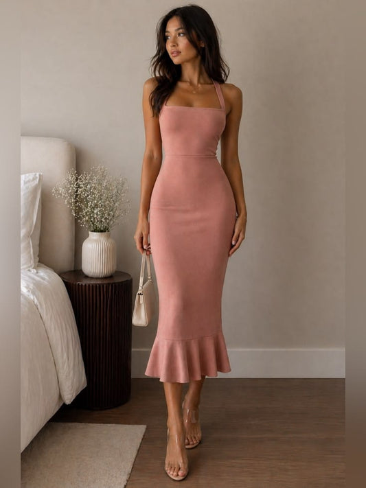Dusty Rose Bodycon Midi Dress | Ruffle Hem Elegant Fit. New Without Tags !! | Color: Red | Size: S