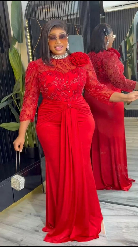 Elegant Red Embellished Wedding Guest Dress Draped Mother of Bride Gown Christmas Party Cocktail Birthday Photoshoot Gal