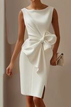 Solid Color Bow Decoration Round Neck Sleeveless Knee-Length Mini Dress
