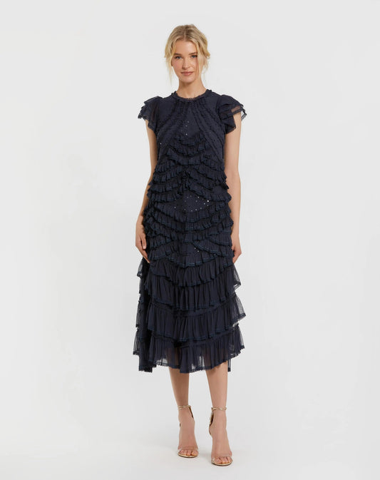 Navy Mac Duggal - Navy High Neck Cap Sleeve Micro Ruffle Midi Dress - Navy / M