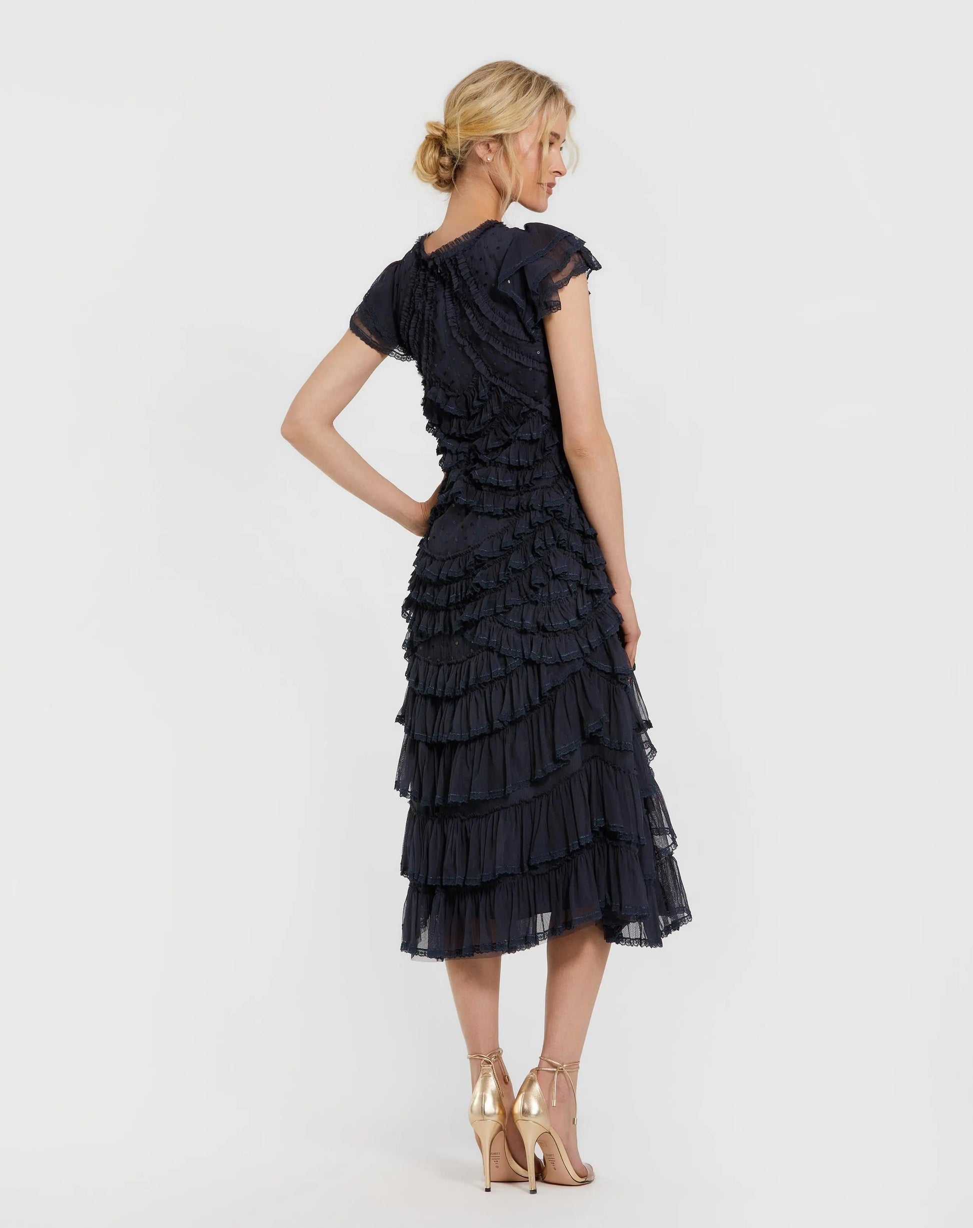 Navy Mac Duggal - Navy High Neck Cap Sleeve Micro Ruffle Midi Dress - Navy / M