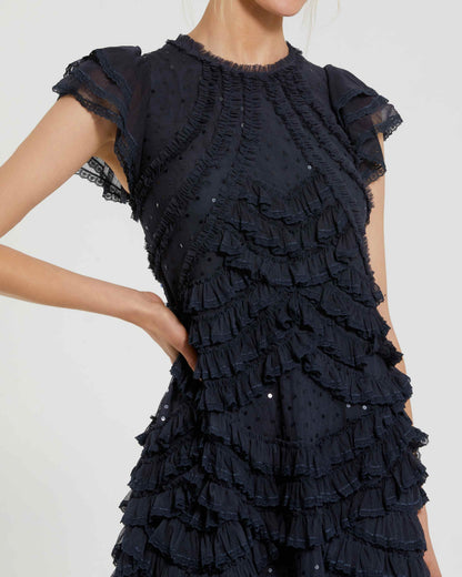 Navy Mac Duggal - Navy High Neck Cap Sleeve Micro Ruffle Midi Dress - Navy / M