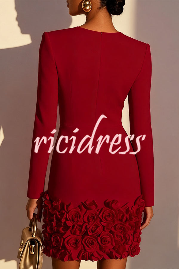 Wine Red Aurora Rosa 3D Floral Mini Dress
