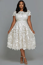 Xpluswear Design Plus Size Cocktail Party White Round Neck Cap Sleeve Short Sleeve Sequin Midi Dresses [Pre-Order] White
