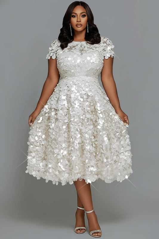 Xpluswear Design Plus Size Cocktail Party White Round Neck Cap Sleeve Short Sleeve Sequin Midi Dresses [Pre-Order] White