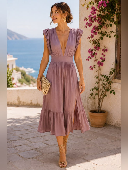 Jessie Plunge Midi Dress in Pink