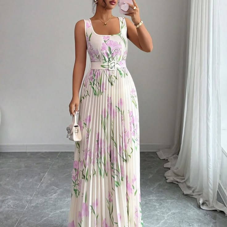 Multicolor Boho Women's Tulip Print Square Neck Cinched Waist Ruched Hem Dress | Color: Cream/White | Size: Various